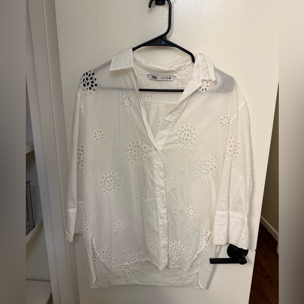 Zara White Eyelet Button-Down Shirt
